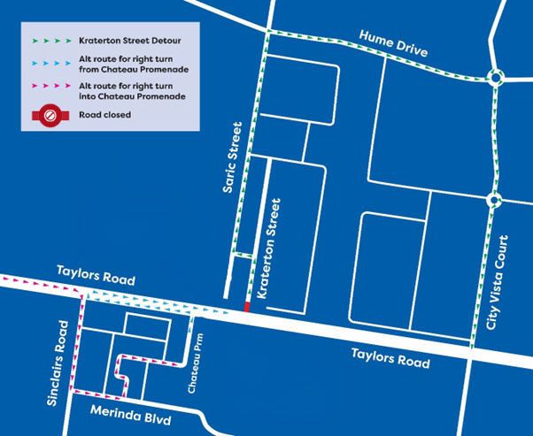 Map of road closure at the intersection of Krateron Street and Taylors Road, Fraser Rise.