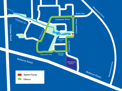 Detours for temporary road closures at the speed humps near the Chisholm Park Wetlands.