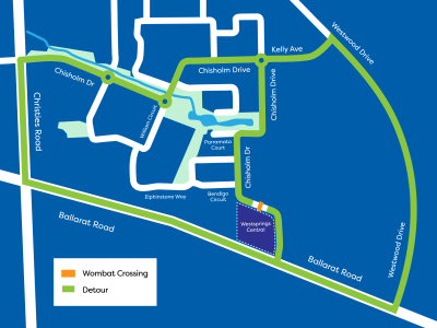Detours for temporary road closures at the speed humps near the Chisholm Park Wetlands.