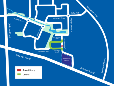 Detours for temporary road closures at the speed humps near the Chisholm Park Wetlands.